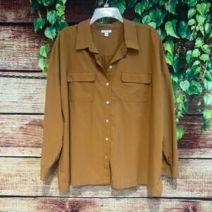 J Jill Button Up Blouse XL Long Sleeve Rust Brown Double Pockets Tencel Modal